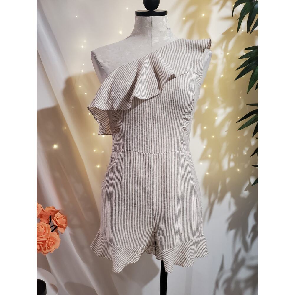 Intermix NWT Ossa Striped Linen One Shoulder Ruffle Romper Womens Size S Tan